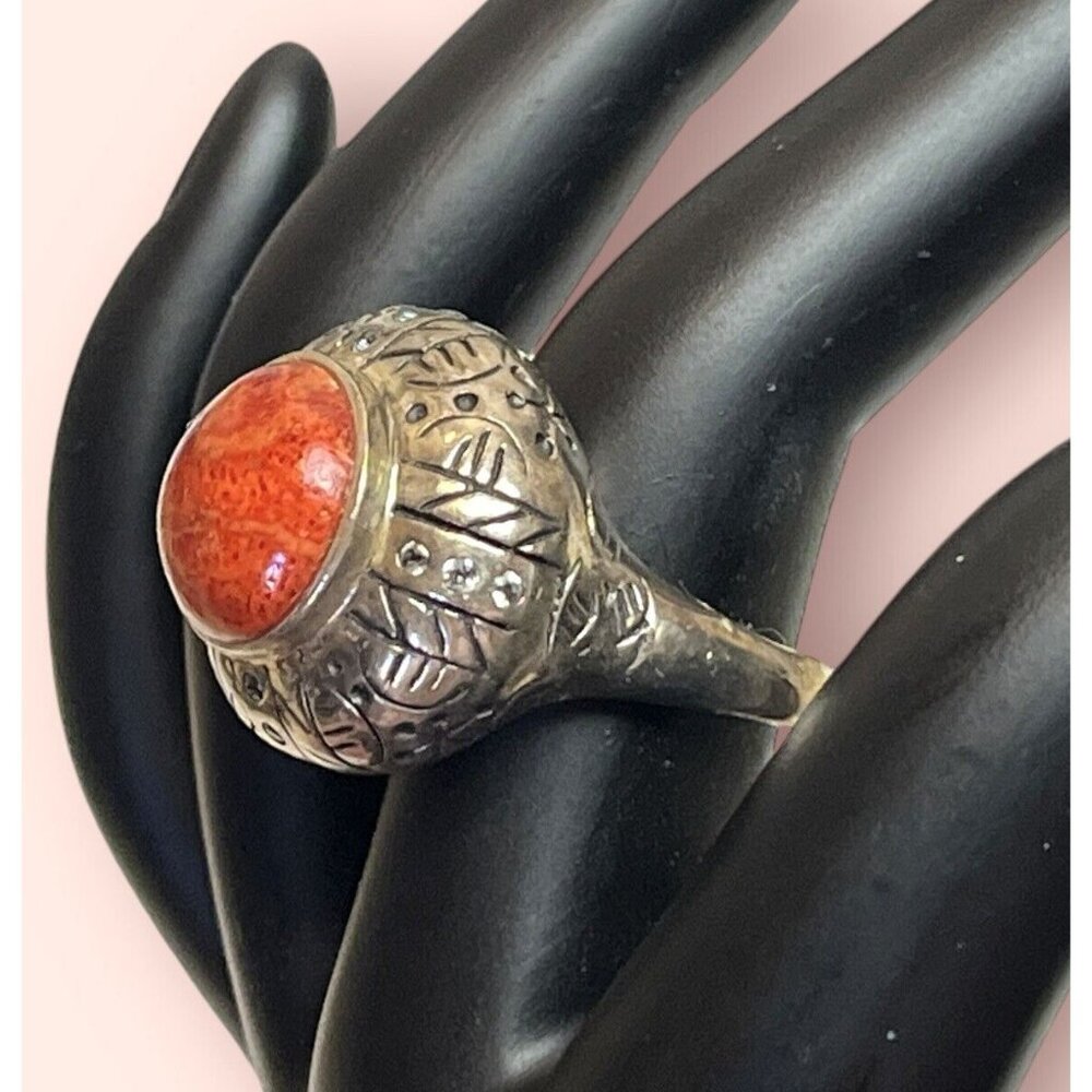 Large Sterling Silver SX SALLY C TREASURES Coral Southwest Ethnic Boho Ring 7